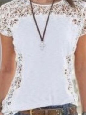 Sundance Sz S White Lace Applique T Shirt Short Sleeve Boho Semi Sheer Burnout